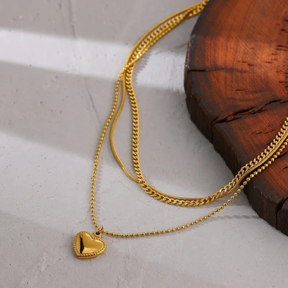 NEW 18K Gold Plated Link Chain Triple Layer Heart Necklace - Picture 1 of 7